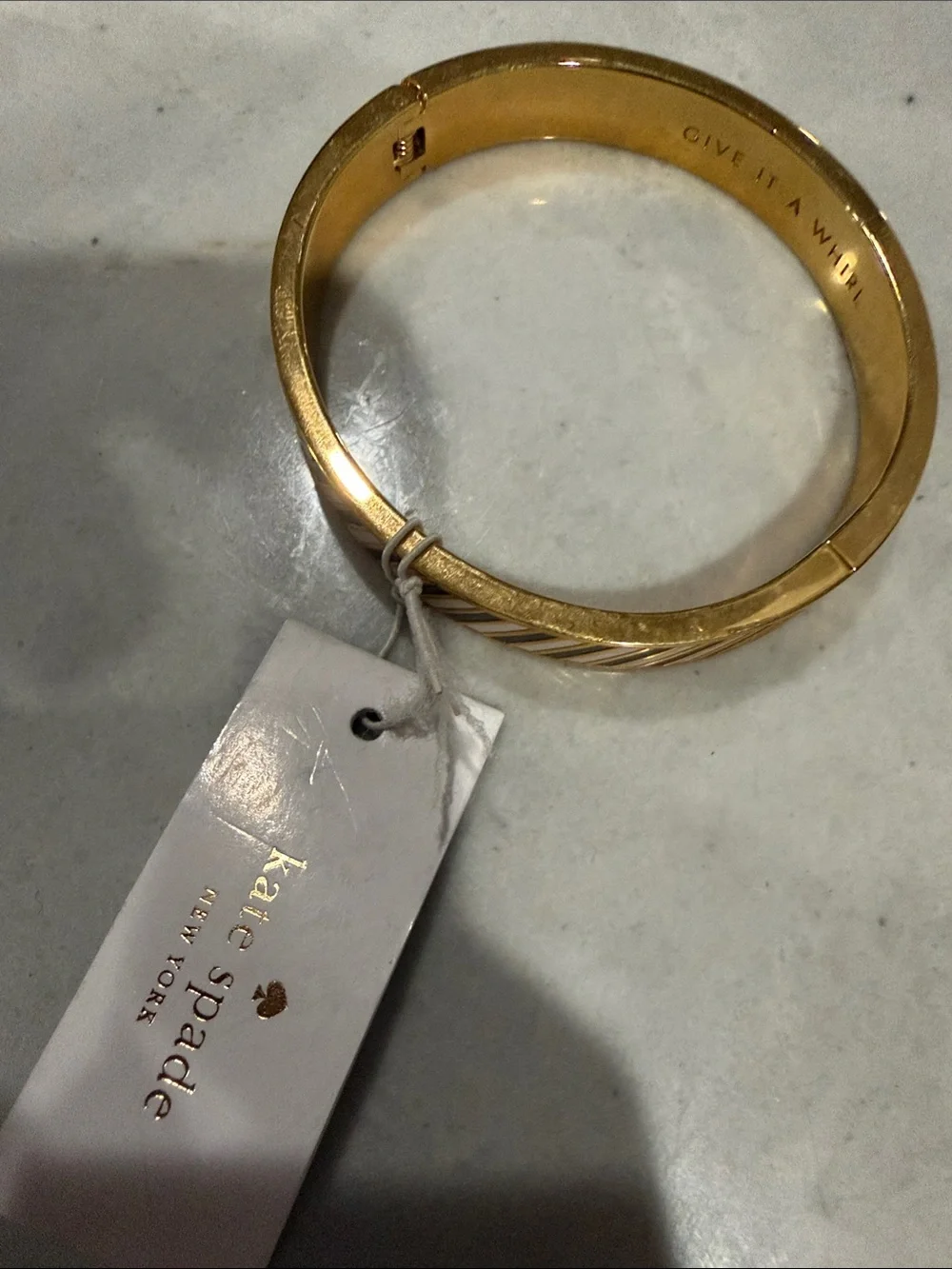 Gold-Tone Black and White Striped Bangle Bracelet
